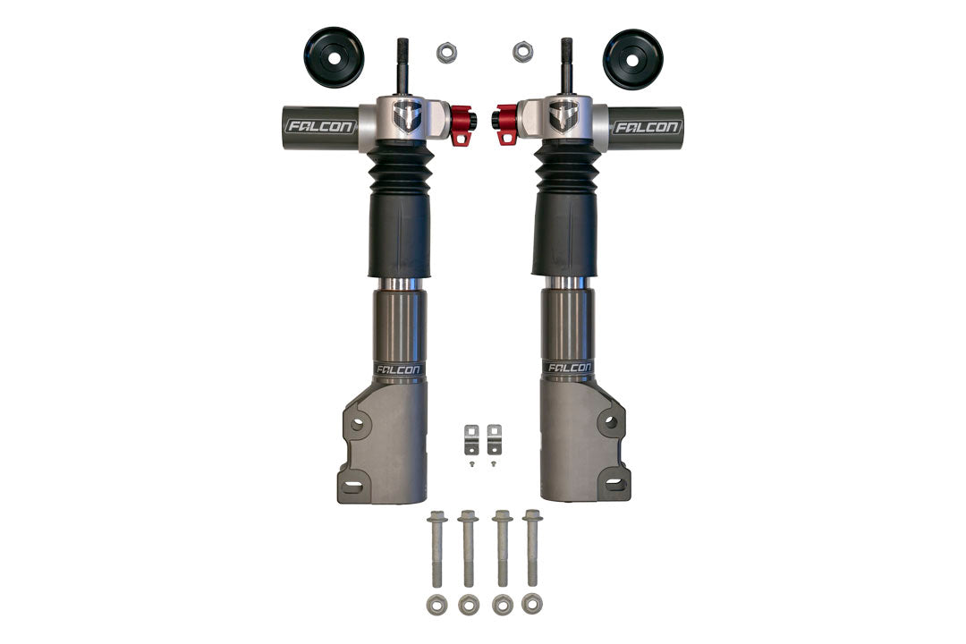 FALCON 3.3 Fast Adjust Inverted Rally Strut for Sprinter 4x4 and AWD, 2015-Present by Van Compass; includes black and silver shock absorbers, nuts, bolts.