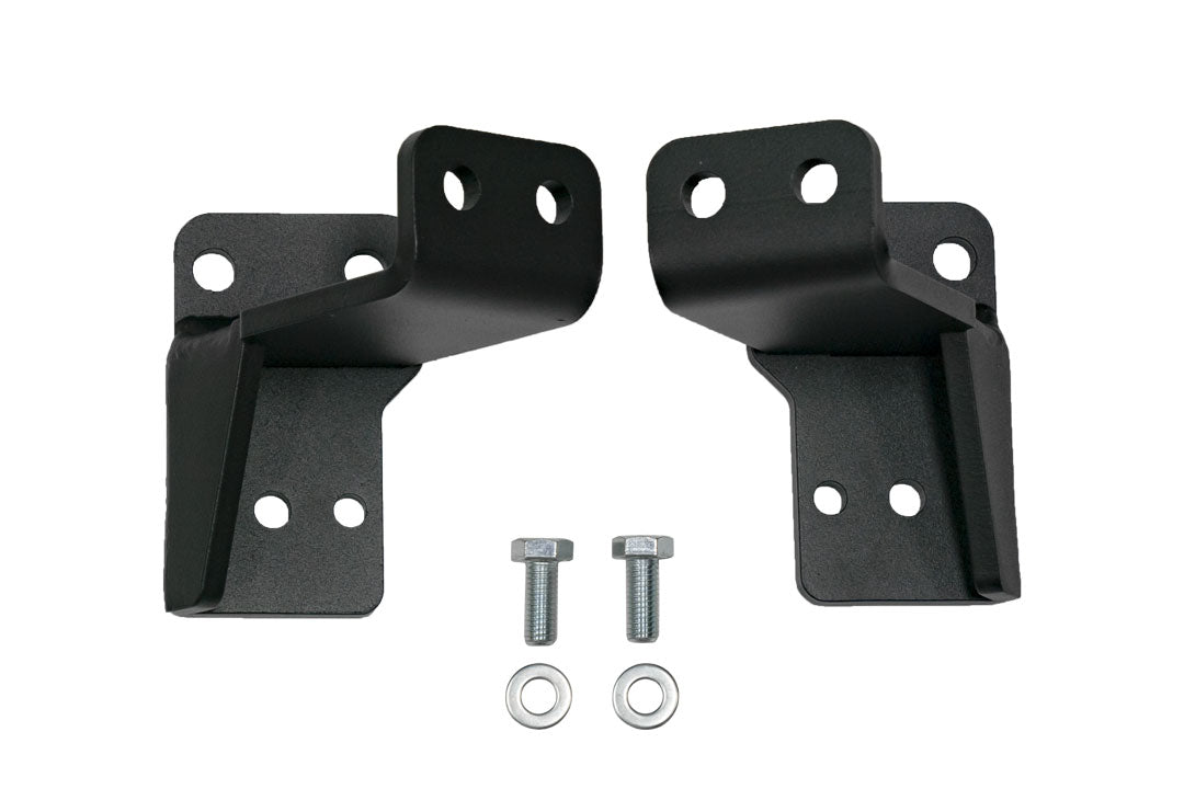 Front jounce reinforcement bracket for Sprinter AWD, 2023-present, with a pair of black metal brackets, screws, and bolts for enhanced suspension durability.
