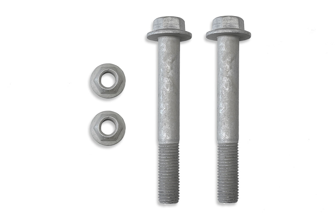 Two galvanized steel bolts with hexagonal heads and threaded ends, accompanied by two matching hexagonal nuts, all placed against a white backgrounD.