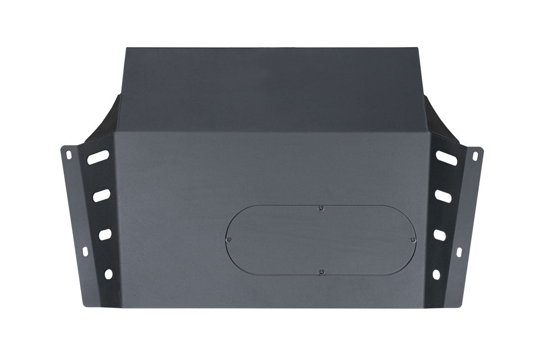 ALUMINUM INTERCOOLER SKID PLATE - TRANSIT (2015+) by VAN COMPASS: a black rectangular skid plate with holes, designed to protect vital engine components.