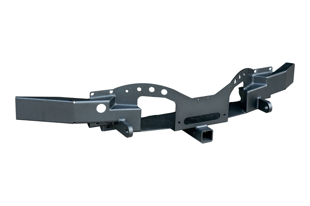 Front winch mount with holes and reinforced tow points for Sprinter (2019+), featuring a bolt-on bull bar and welded receiver tube by VAN COMPASS.