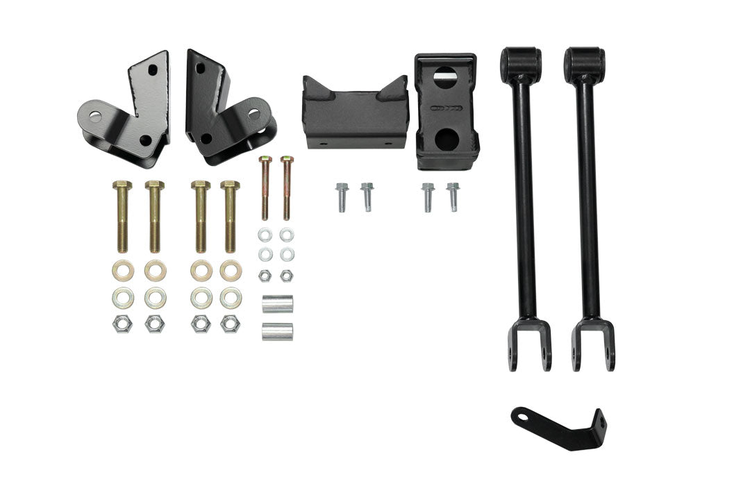 Stage 5 System, 2 Lift - Sprinter 4x4 (2015-2018 2500 Only) by Van Compass: metal parts, bolts, black pipes, and brackets for enhanced vehicle performance and stability.