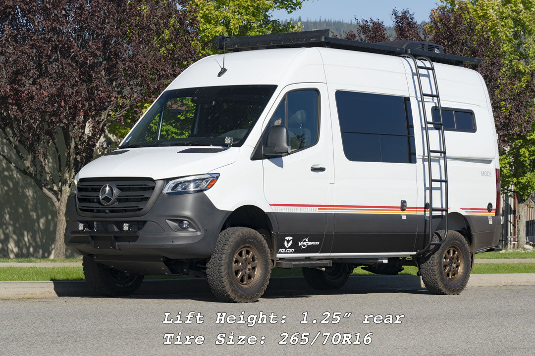 White van with a roof ladder, equipped with Van Compass Stage 3 System for Sprinter 4x4 (2015-2018 2500), enhancing ride height, stability, and handling.