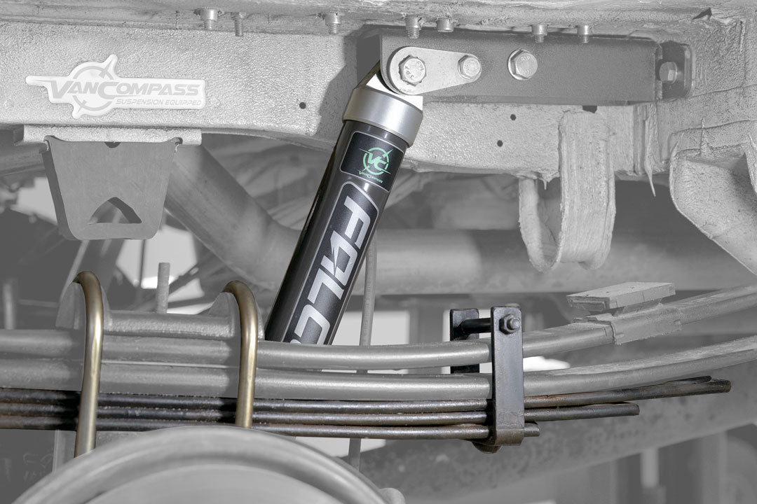 Close-up of the Stage 3 System - Sprinter 4x4 (2015-2018 2500 Only) shock absorber by Van Compass, highlighting its robust construction and engineering details.