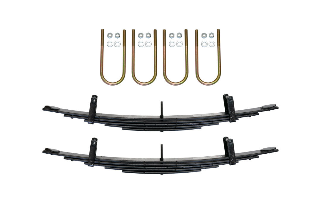 REAR 5 LEAF MINI SPRING PACK - TRANSIT (2015+ SINGLE REAR WHEEL) by VAN COMPASS with black metal springs, screws, bolts, and nuts for improved vehicle stability and ride comfort.
