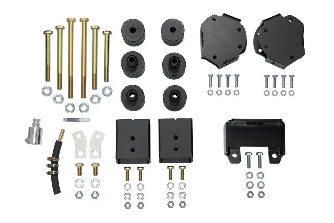 STAGE 5 SYSTEM, 2 LIFT - SPRINTER 4x4 (2015-2018 2500 ONLY) by VAN COMPASS, showing black metal parts, bolts, and screws essential for vehicle suspension enhancement.