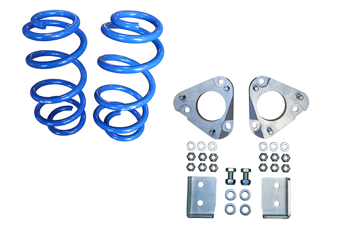 STAGE 3 TOPO 2.0 SYSTEM - TRANSIT AWD (2020+ SINGLE REAR WHEEL) by VAN COMPASS: Blue coil spring and metal components for enhanced van suspension and ride quality.