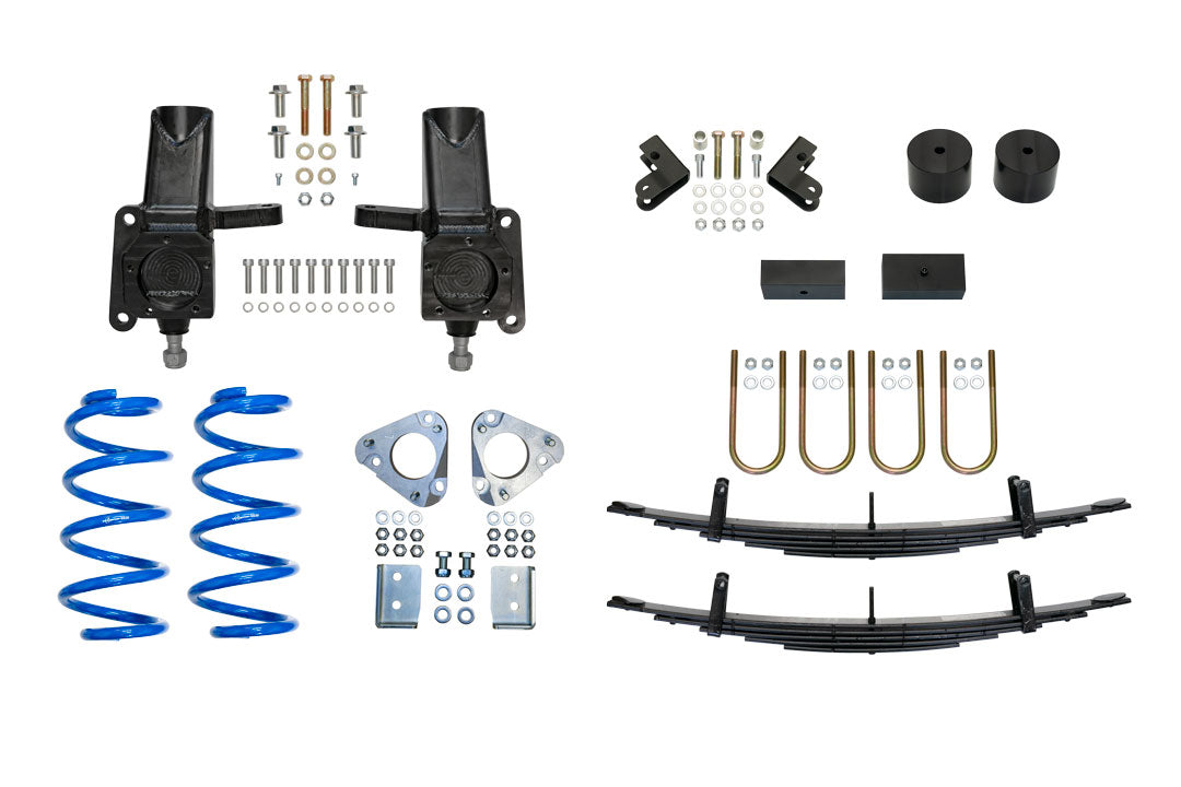 Complete 4 Lift Kit for Transit RWD by Van Compass, showcasing metal springs, nuts, bolts, and precision-cut parts for enhanced vehicle clearance and stability.