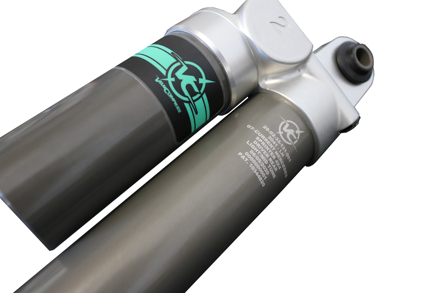Close-up of FALCON 3.3 SP2 FAST ADJUST REAR SHOCKS for Sprinter 4x4 (2015+ 2500), highlighting the grey cylinder with visible logo and adjustment knob.