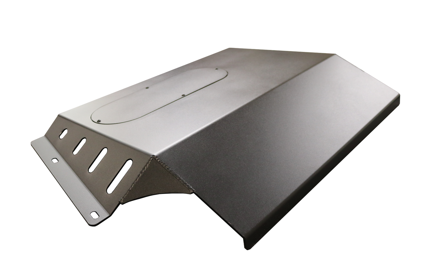 Aluminum intercooler skid plate for Ford Transit (2015+), featuring multiple holes, rugged design, and durable construction to protect vital engine components.