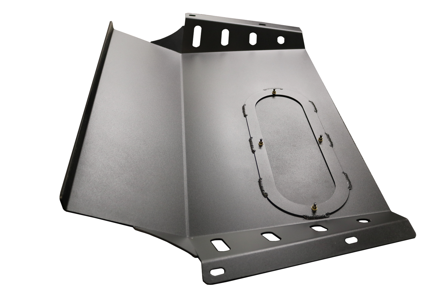ALUMINUM INTERCOOLER SKID PLATE - TRANSIT (2015+) by VAN COMPASS, featuring a durable, black metal design with holes, protecting essential engine components.