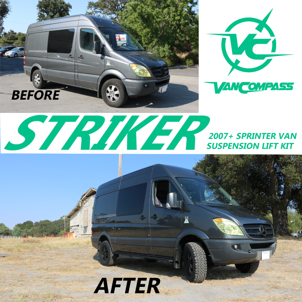 STRIKER 2 Lift Kit (Front Only) for Sprinter 2WD (2007-2018) by VAN COMPASS, shown installed on a van for improved tire clearance and off-road capability.