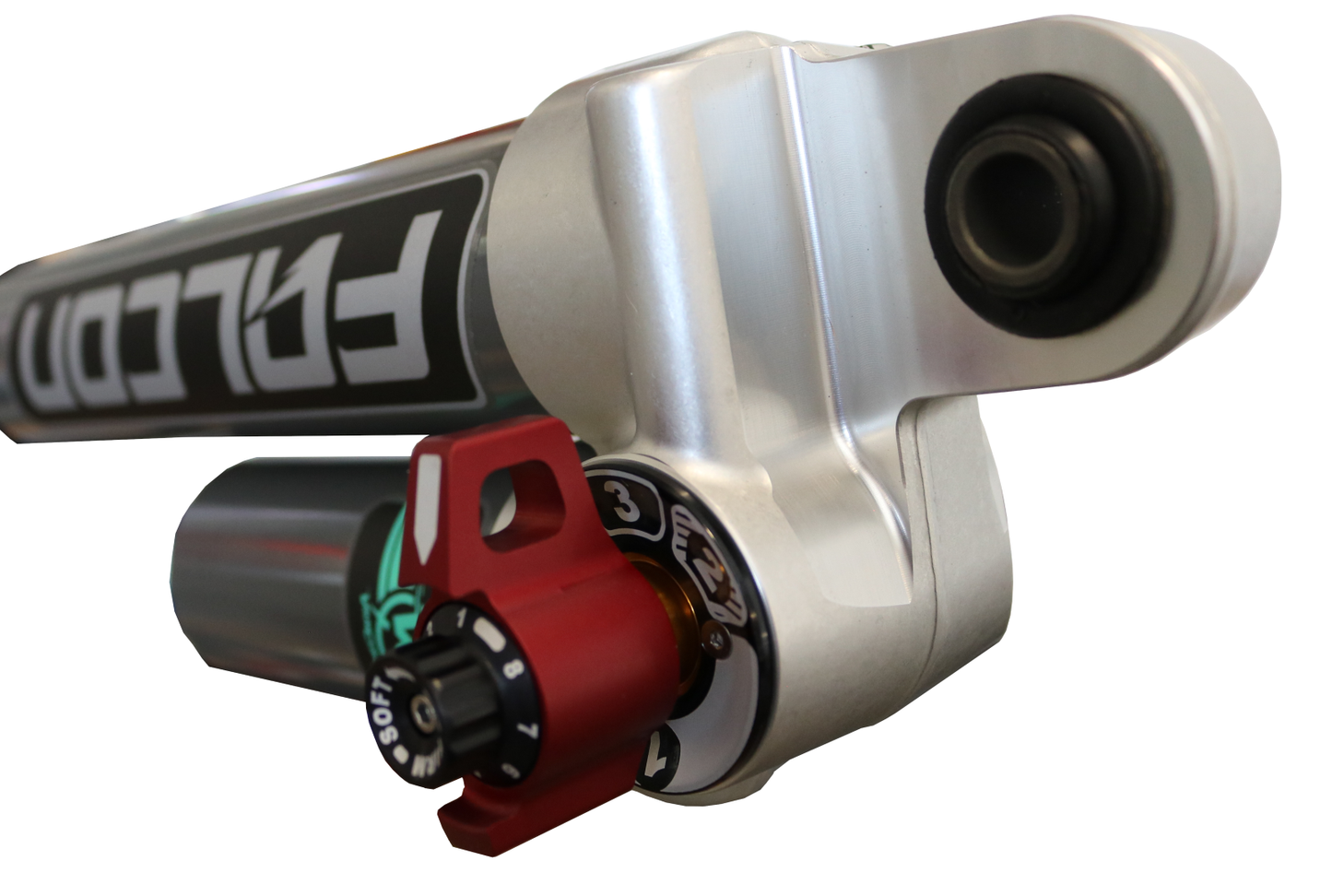 Close-up of FALCON 3.3 SP2 Fast Adjust Rear Shocks for Sprinter 4x4 (2015+ 2500), highlighting the 3.3 fast adjust knob and aluminum body.