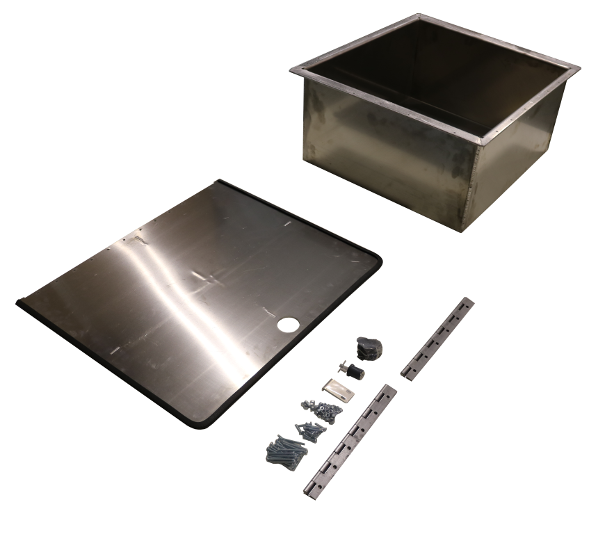 Rear Storage Trunk - Sprinter (2007+) by Van Compass: A metal box with a lid, screws, and a drainage hole, designed for rear storage in Sprinter vans.
