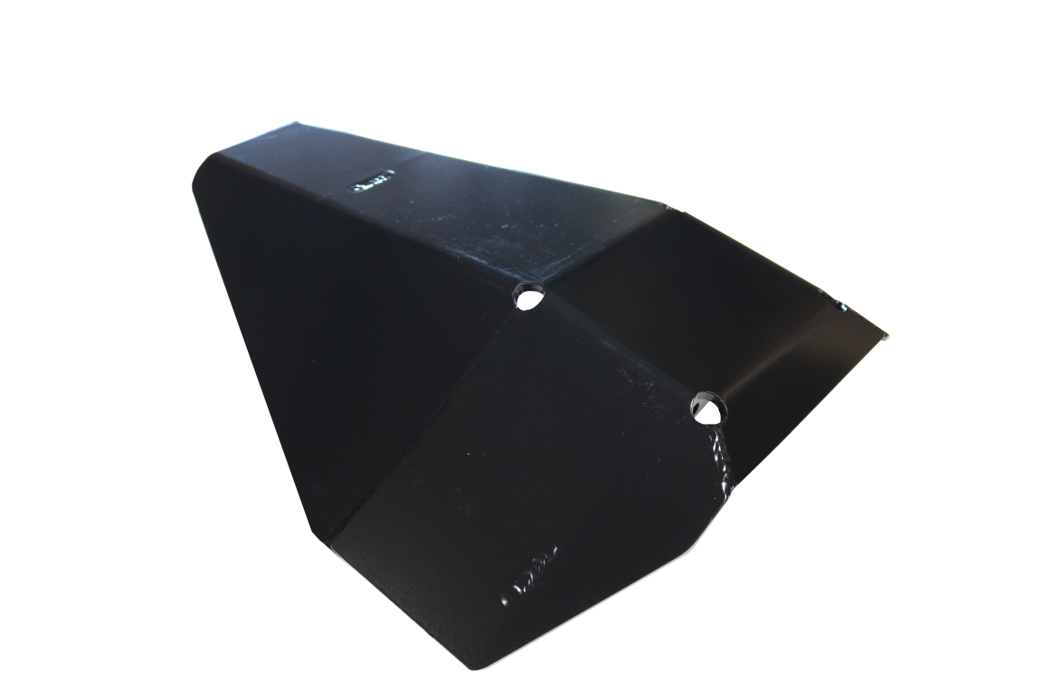 Differential Skid Plate - Transit (2015-2022) by Van Compass: A black metal skid plate with holes, designed to protect the rear differential and driveshaft u-joints.