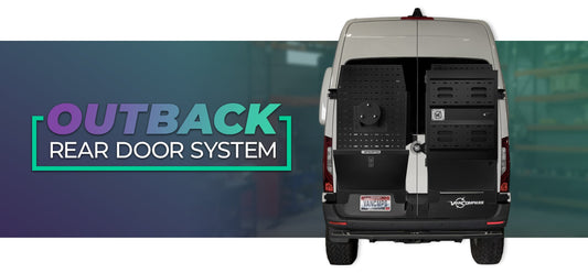 Van Compass OutBack Rear Door System overview — Big Box, Wheel Mount, and Grid Panel