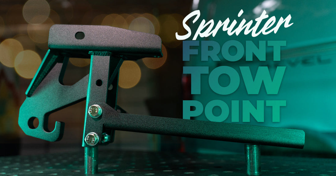 Van Compass front tow hook kit for Mercedes Sprinter vans, showing structural mounting bracket and hook design