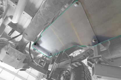 Fuel tank skid plate for Sprinter 4x4 and AWD (2019+), featuring durable metal construction, bolt-on design, and compatibility with S&B extended range fuel tanks.