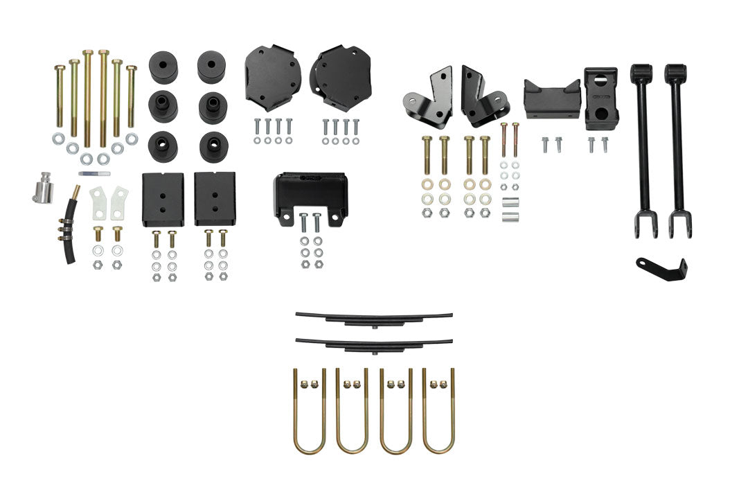 STRIKER 4X4 2 Lift Kit showing metal vehicle parts, including front and rear lift components, screws, and small leaves for Sprinter 4x4 (2015-2022 2500 SRW).