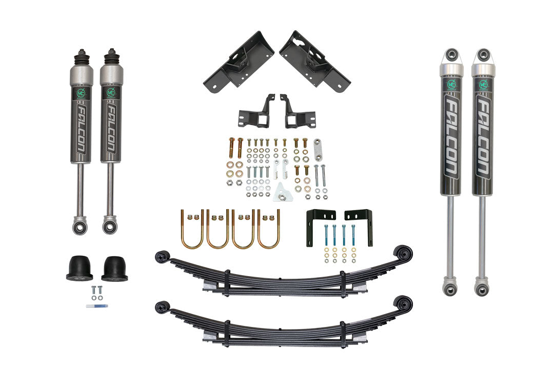 Set of vehicle parts for the STAGE 3 OPTI-RATE DUALLY SYSTEM - SPRINTER AWD, 4X4 (2019-PRESENT 3500) by VAN COMPASS, including shocks, springs, and brackets.