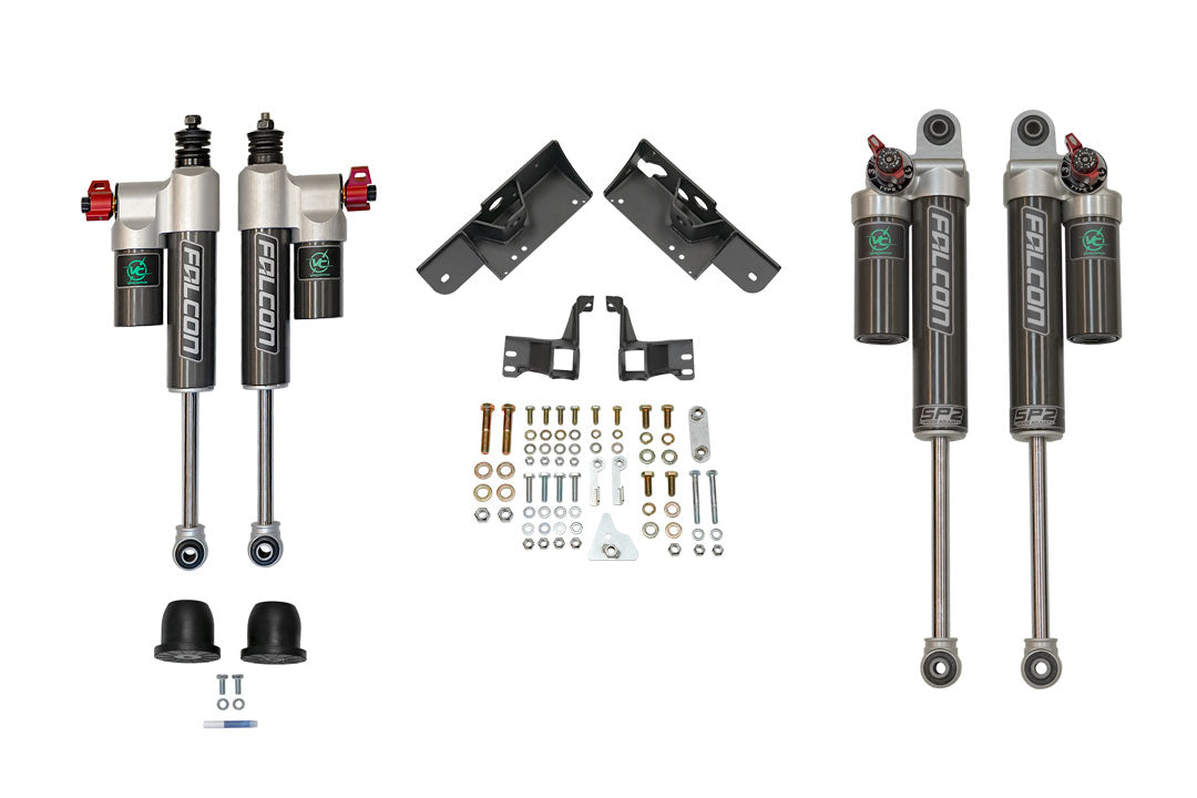 Close-up of VAN COMPASS STAGE 2.3 SYSTEM - SPRINTER AWD, 4X4 shocks, featuring Falcon 3.3 Adjustable shocks with intuitive firmness settings.