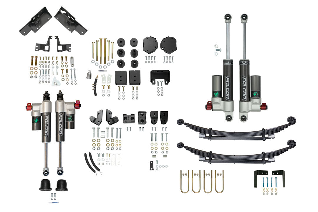 STAGE 6.3 DUALLY 2 LIFT SYSTEM for Sprinter 4x4 (2015-18 3500) by VAN COMPASS, showing components including shocks, springs, brackets, and cables for enhanced van performance and stability.