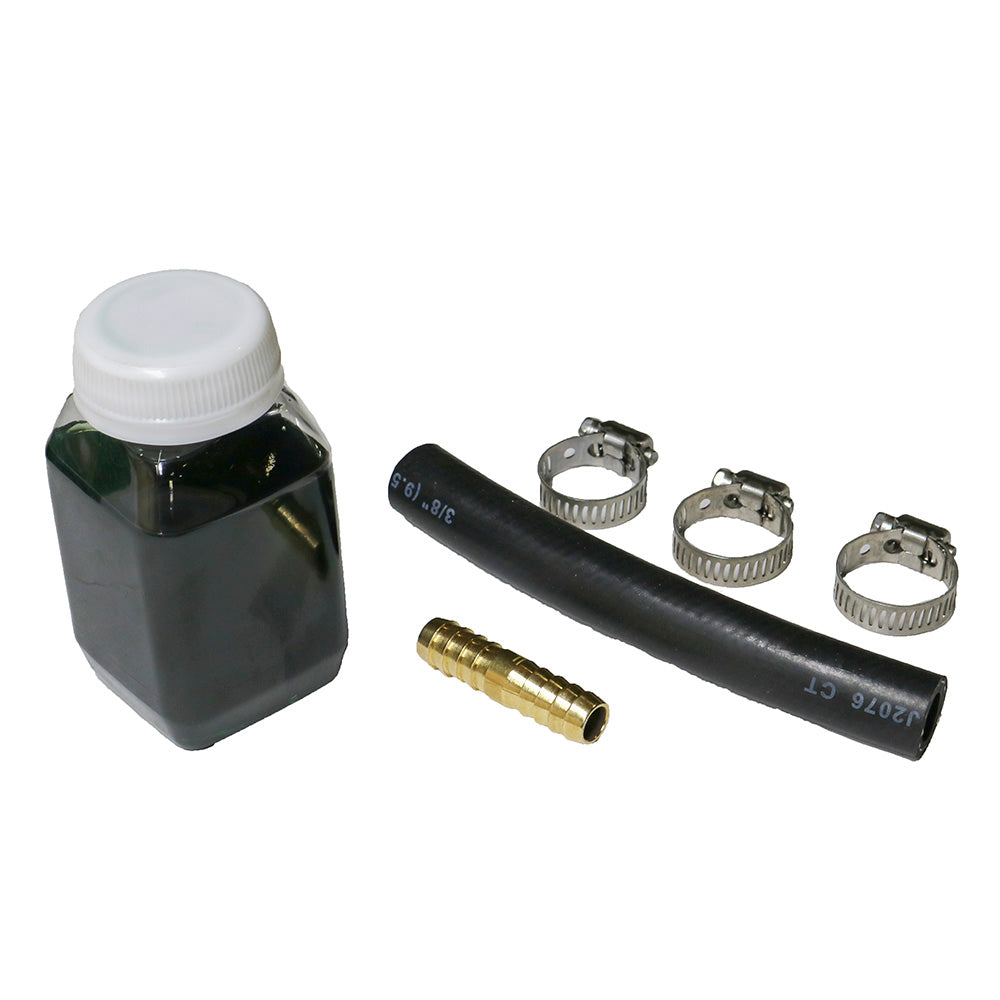 POWER STEERING FIX KIT - SPRINTER (2007+) by VAN COMPASS includes a black bottle, white cap, hoses, and metal clamps to prevent hydraulic pressure loss in Mercedes vans.