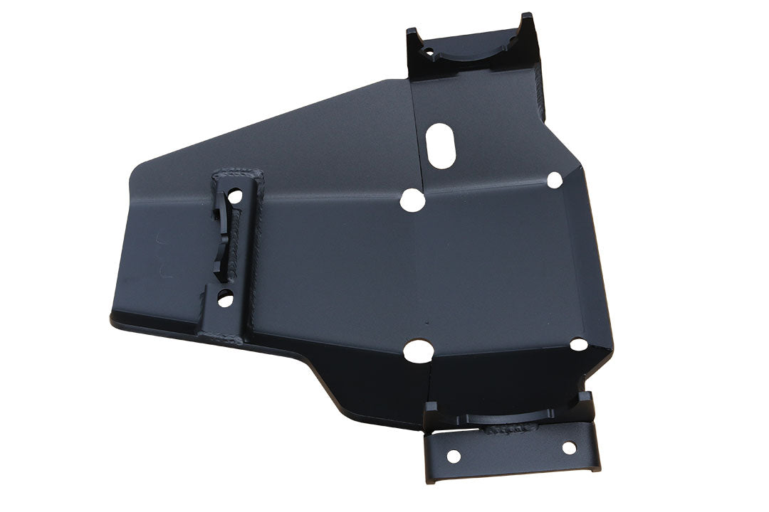 Differential skid plate for Sprinter (2015+ 2500), black metal piece with holes, protects driveshaft u-joints, cast iron differential, and sheet metal cover.