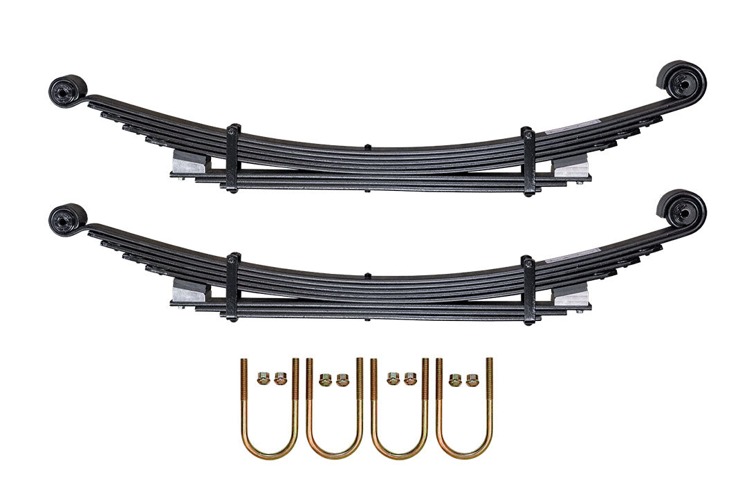 Pair of OPTI-RATE REPLACEMENT LEAF SPRINGS for SPRINTER 2500 4x4, showing curved metal parts and screws in close-up, highlighting adjustable preload system.