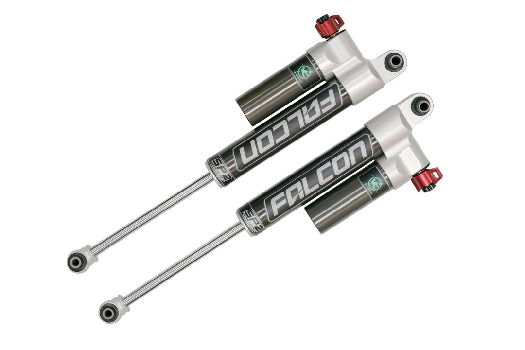 STAGE 2 TOPO 2.0 SYSTEM - TRANSIT RWD (2013+ SINGLE OR DUAL REAR WHEEL) featuring black and silver adjustable Falcon 3.3 rear shocks for improved ride quality and handling.