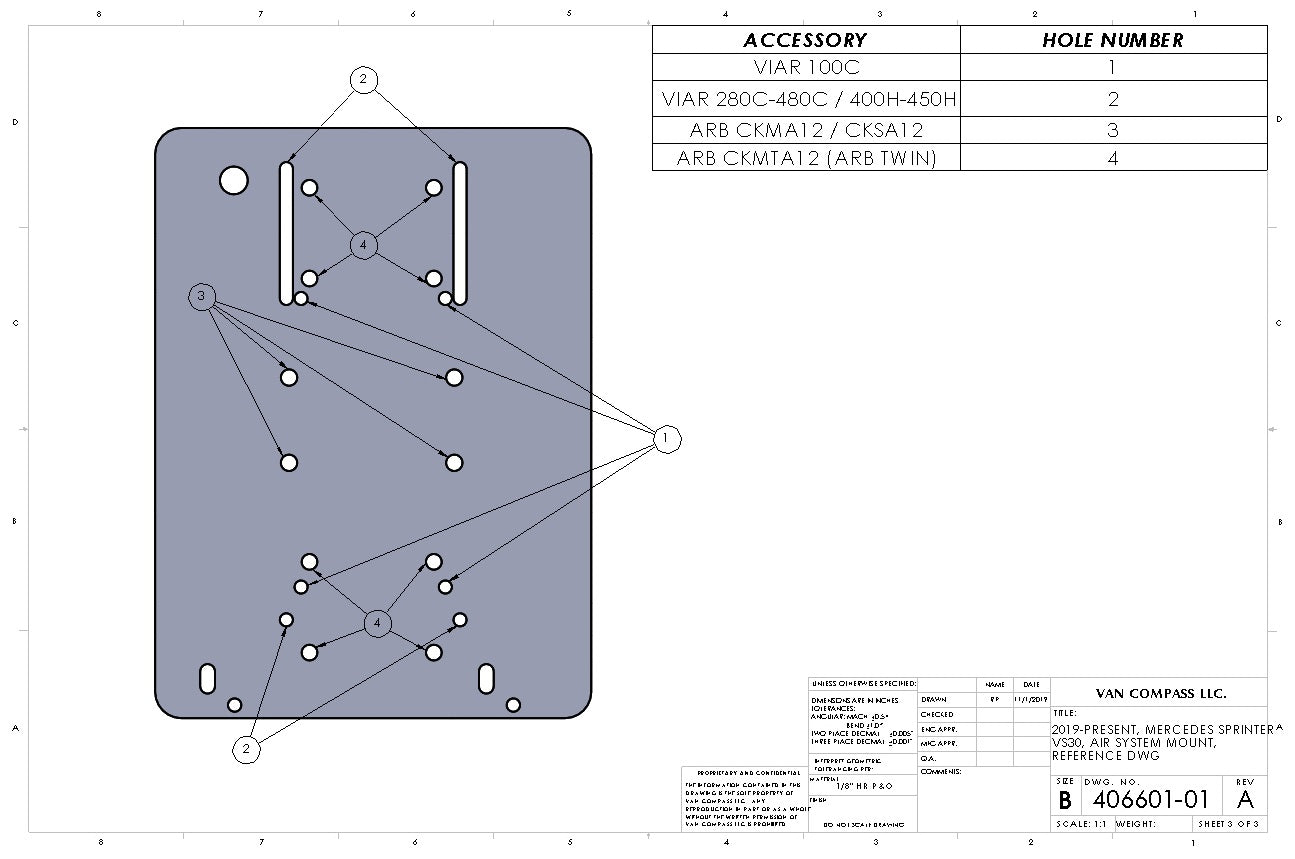 Blueprint of the AIR SYSTEM MOUNT - SPRINTER (2019+) by VAN COMPASS, showing a detailed diagram for mounting various air compressors in a 2019+ Mercedes Sprinter.