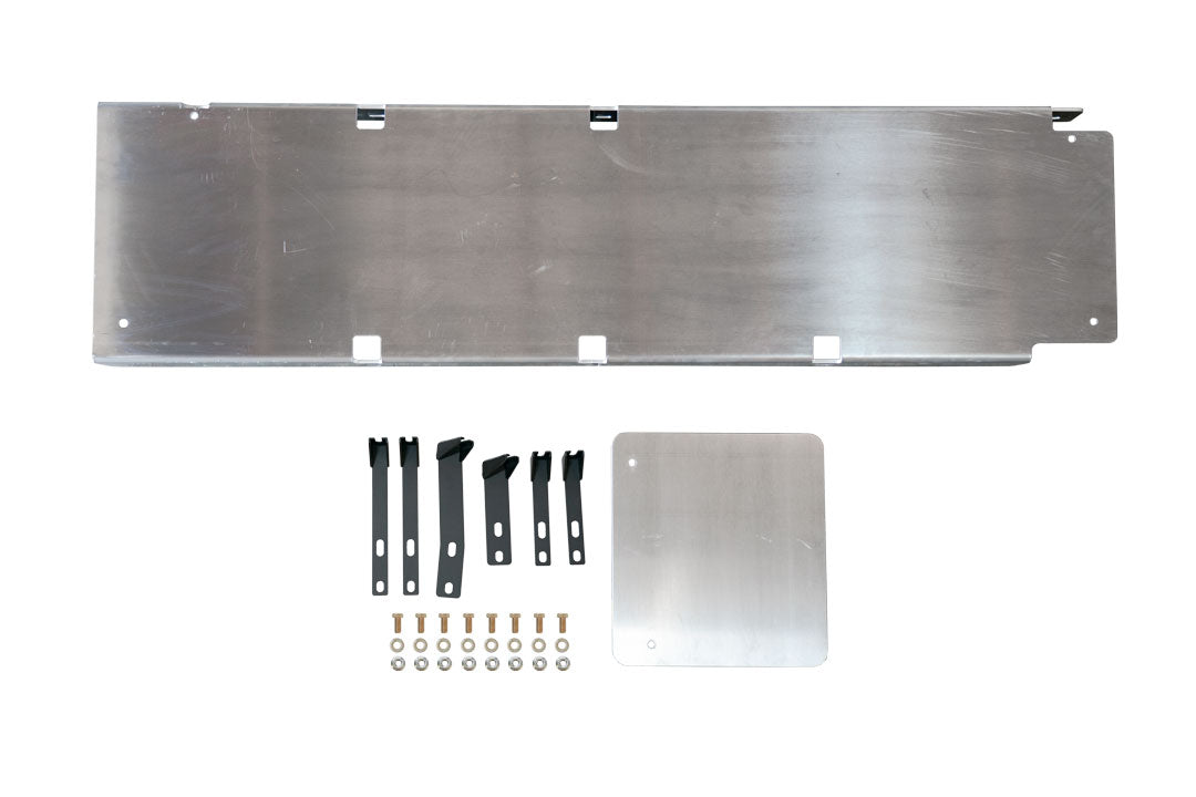 Fuel Tank Skid Plate, S&B Extended Range Compatible - Sprinter 4x4 and AWD (2019+) by Van Compass, showing a close-up of a metal plate with screws and bolts.