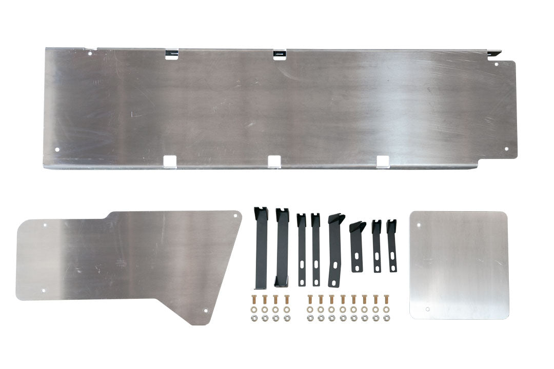 FUEL TANK SKID PLATE, S&B EXTENDED RANGE COMPATIBLE - SPRINTER 4X4 AND AWD (2019+) by VAN COMPASS: Close-up of metal plate with screws and bolts for fuel tank protection.