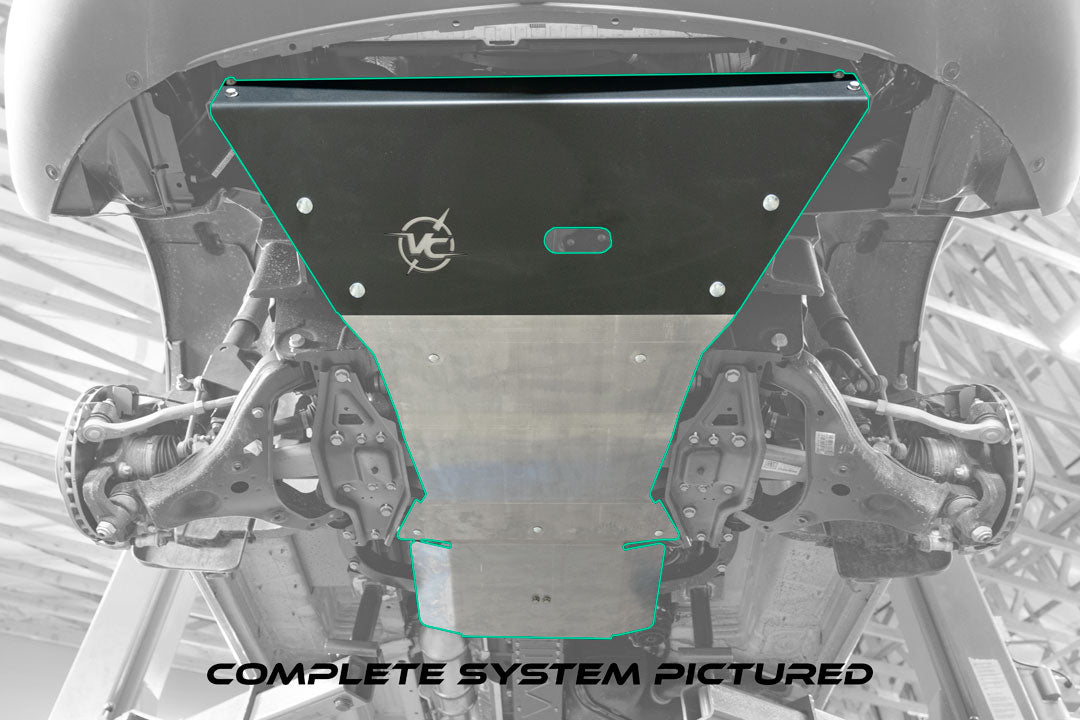 Transmission and Transfer Case Skid Plate for Sprinter AWD (2023+ 2500) by Van Compass, showcasing a durable metal frame designed for off-road protection.