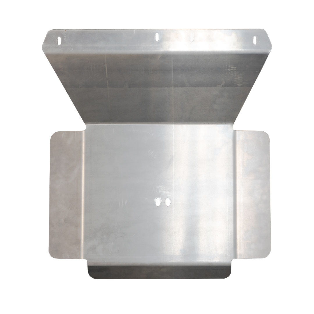 Transmission and Transfer Case Skid Plate for Sprinter AWD (2023+ 2500) by Van Compass, featuring a robust metal surface with holes, designed for drivetrain protection in off-road conditions.