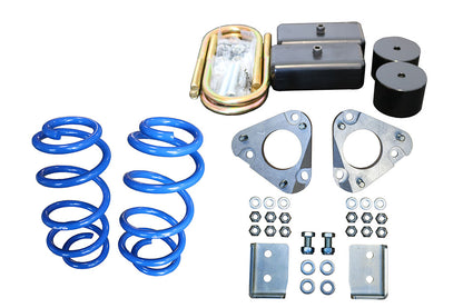 Group of blue coil springs and metal parts for the STAGE 1 TOPO 2.0 SYSTEM - TRANSIT RWD by VAN COMPASS, enhancing vehicle stance and ride quality.