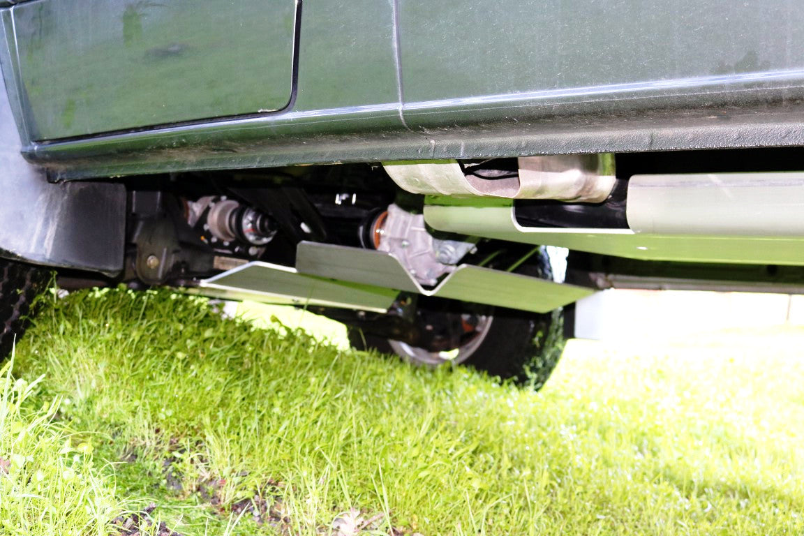 Transmission and Transfer Case Skid Plate for Sprinter 4x4, shown under a van, providing robust protection for drivetrain components in off-road conditions.
