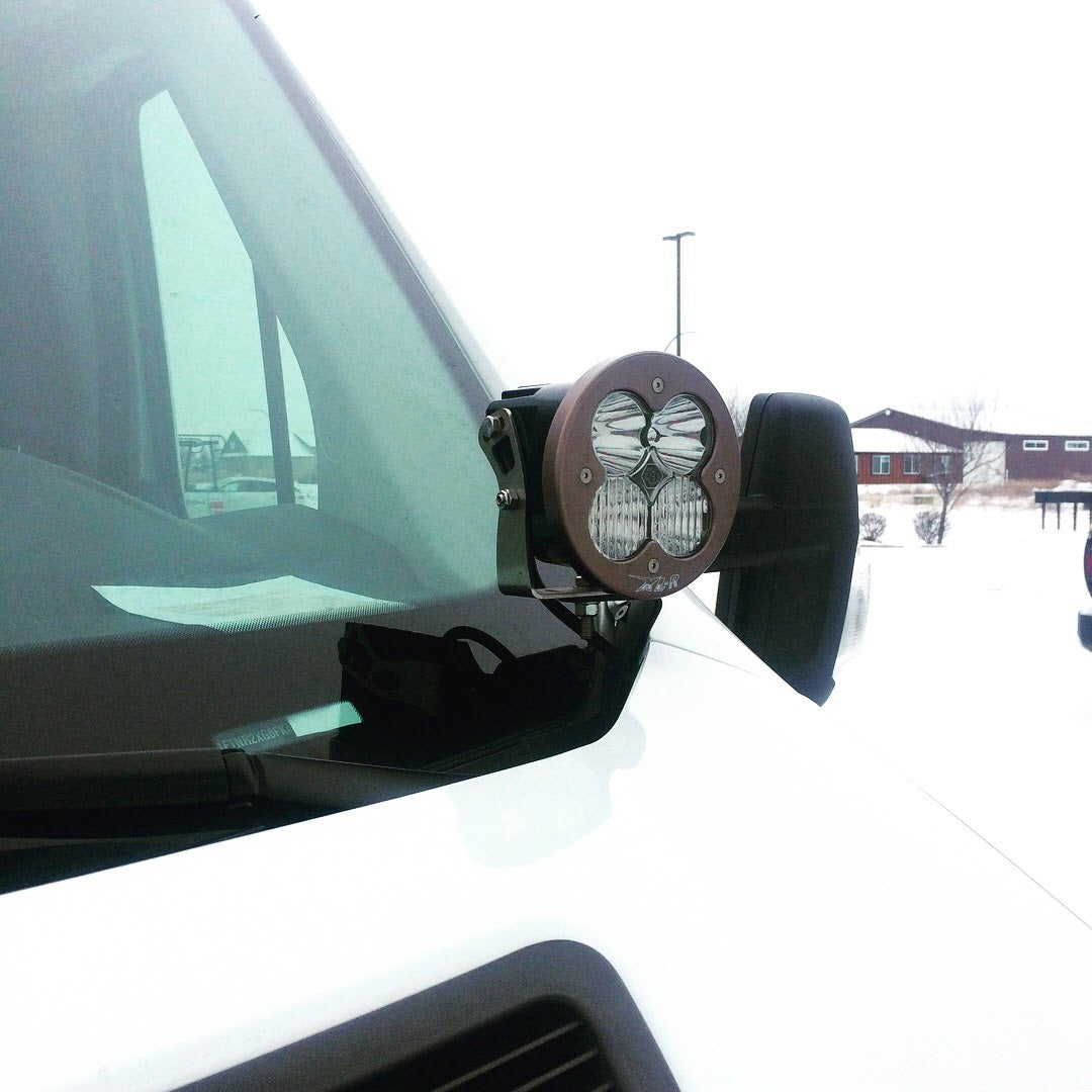 Close-up of HOODLINE LIGHT POD MOUNT for Transit vans (2013+), showing bolt-on mounts for LED pod lights, compatible with factory fender bolts.