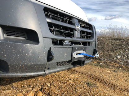 2013-2022 RAM ProMaster Hidden Winch Mount by Van Compass, showing a robust front bumper with integrated D-ring shackle anchor points and winch receiver.