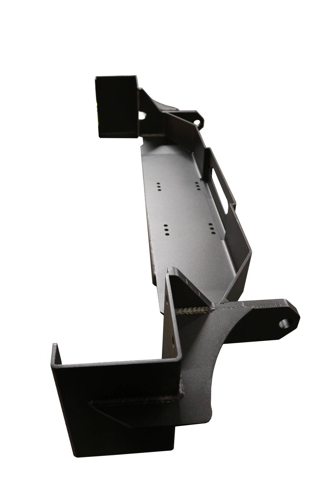 Hidden Winch Mount by Van Compass for 2013-2022 RAM ProMaster, black metal with holes, designed for secure chassis mounting and integrated shackle anchor points.