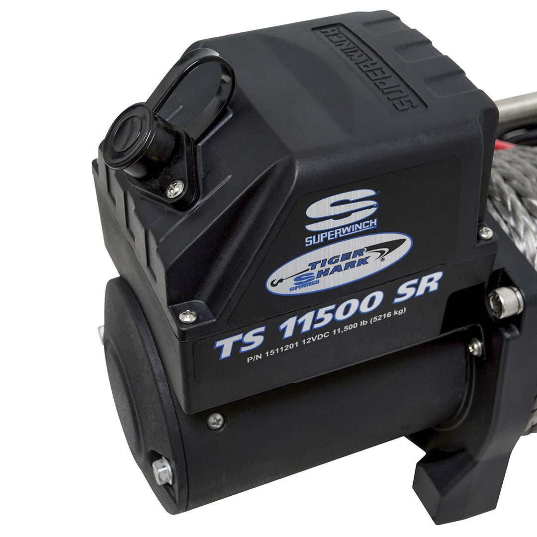 Superwinch Tiger Shark 11500SR winch with a black and silver cable, featuring a compact design, visible logo, and durable components.