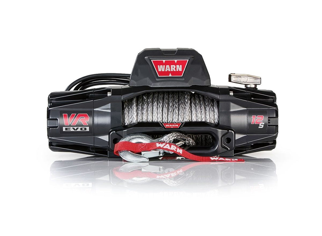 WARN VR EVO 12S - 12,000LB WINCH close-up, highlighting black and silver cable, ideal for large vans with IP68-rated waterproof construction and synthetic line.