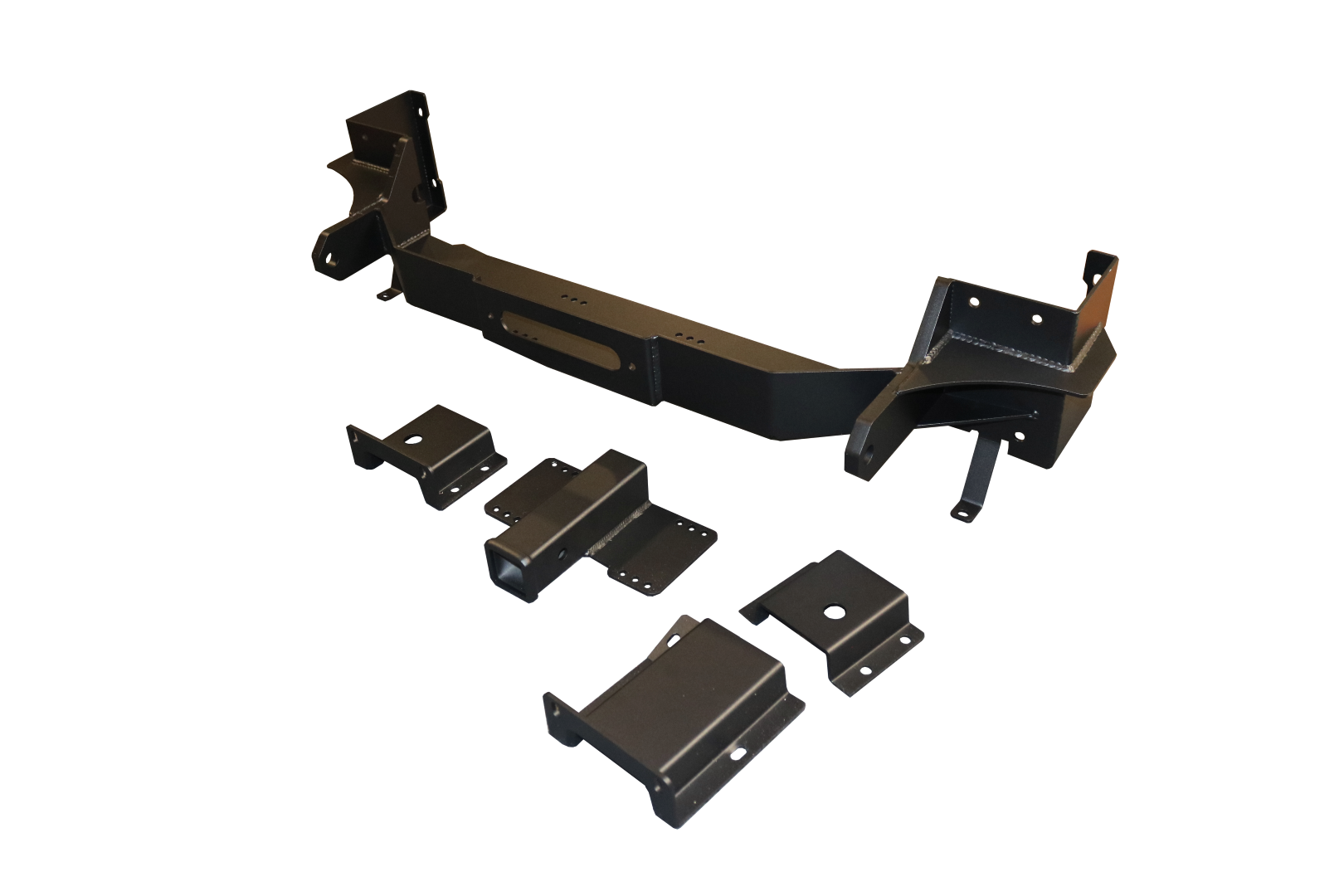Hidden Winch Mount - 2013-2022 RAM Promaster by Van Compass; black metal frame with multiple parts, designed for enhanced vehicle capability and chassis load dispersion.