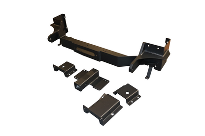 Hidden Winch Mount - 2013-2022 RAM Promaster by Van Compass; black metal frame with multiple parts, designed for enhanced vehicle capability and chassis load dispersion.